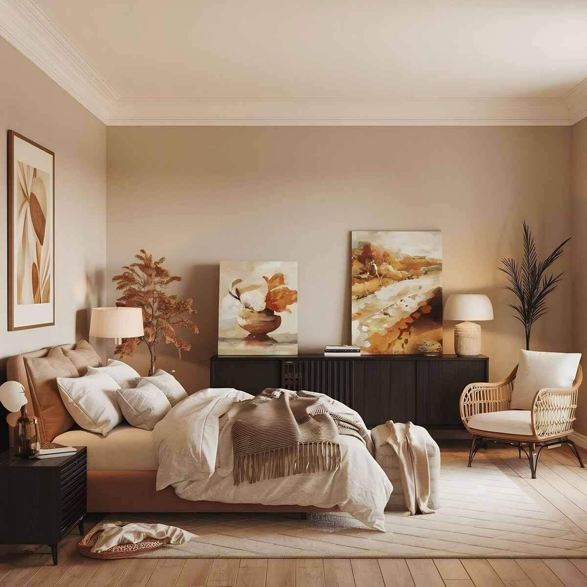 Sơn tường phòng ngủ đẹp kết hợp tranh trang trí AvoraStyle